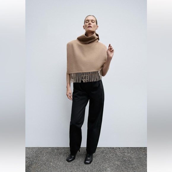 ZARA ASYMMETRICAL FRINGED WOOL BLEND CAPE - Picture 6 of 10